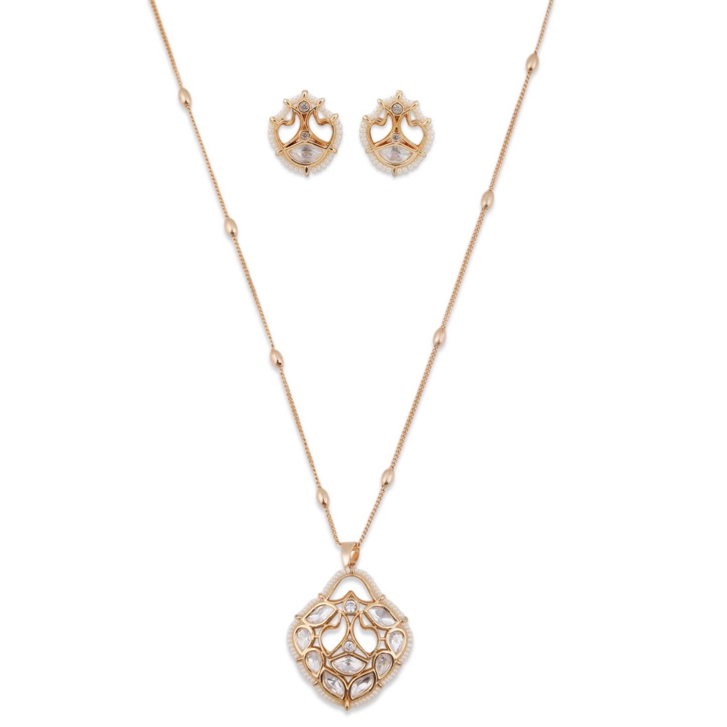 Sunheri Kundan Pearl Earring and Necklace Set